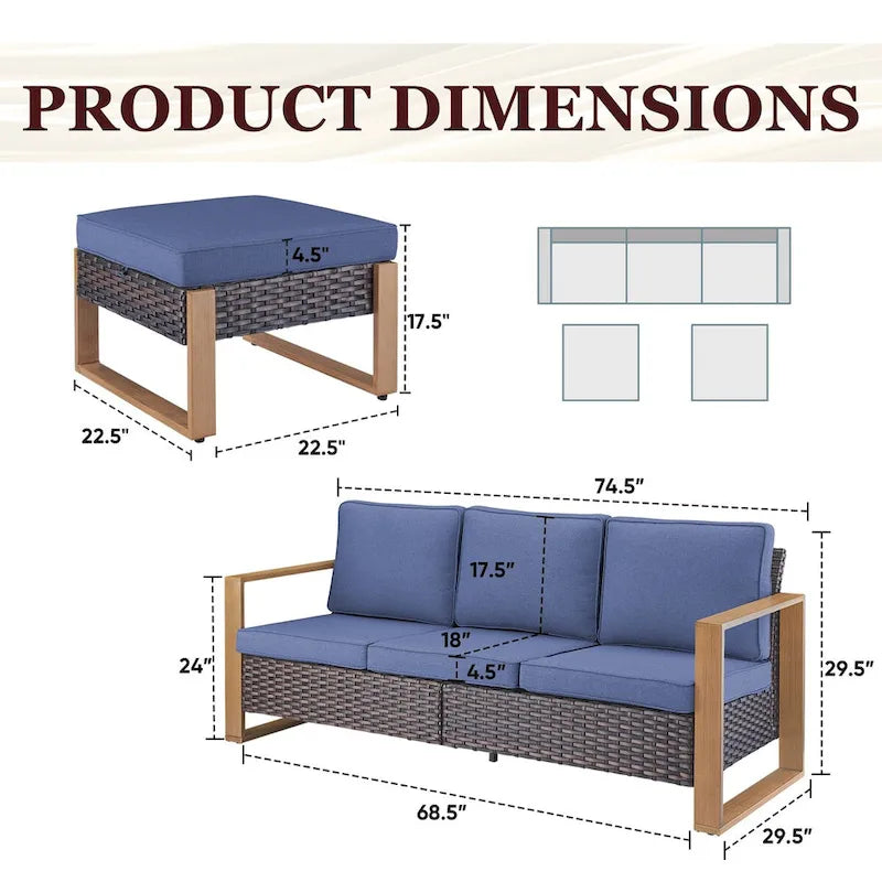 Gymojoy Salon de Jardin en Résine Tressée avec Canapé Sectionnel et Ottoman - Marron