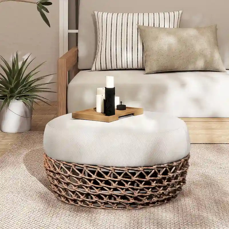 Ottoman de terrasse extérieur rembourré en corde tressée Willow 25 - 25L X 25P X 13,5H