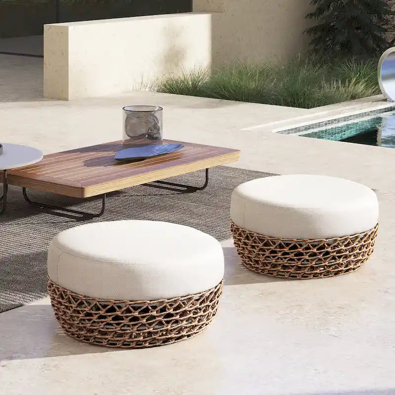 Ottoman de terrasse extérieur rembourré en corde tressée Willow 25 - 25L X 25P X 13,5H