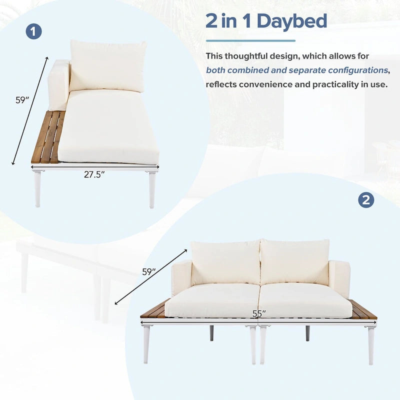 Lit de repos d'extérieur beige pour patio avec espaces latéraux garnis de bois d'acacia