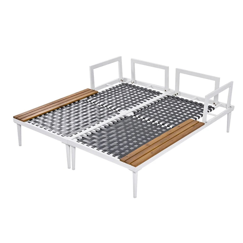 Lit de repos d'extérieur beige pour patio avec espaces latéraux garnis de bois d'acacia