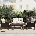 Ensemble de mobilier de jardin 4 pièces, salon de patio, ensemble de canapé d'extérieur en rotin PE, table et pieds en bois, résistant à l'eau