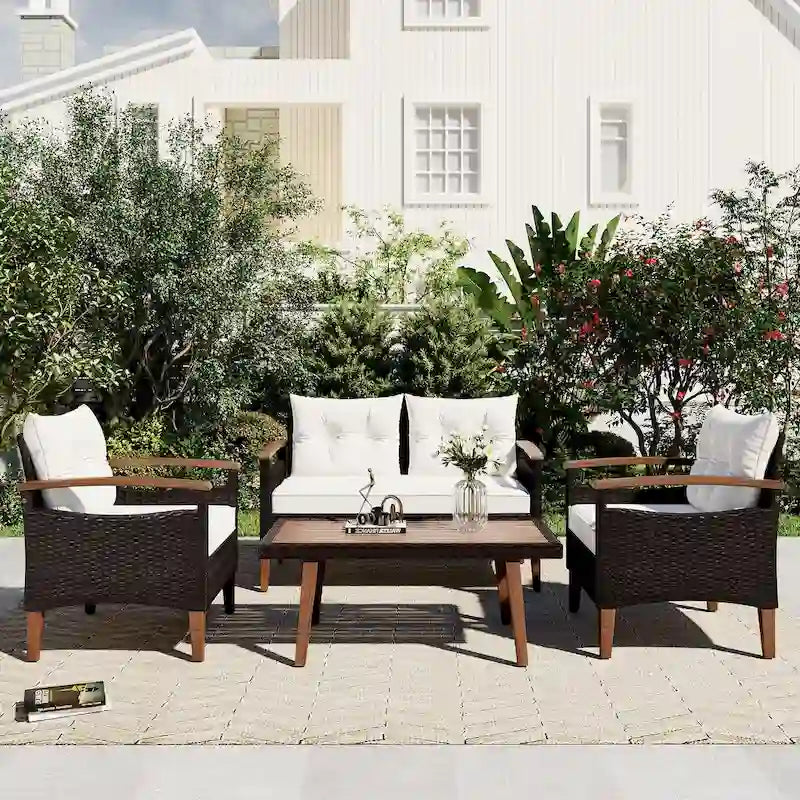 Ensemble de mobilier de jardin 4 pièces, salon de patio, ensemble de canapé d'extérieur en rotin PE, table et pieds en bois, résistant à l'eau