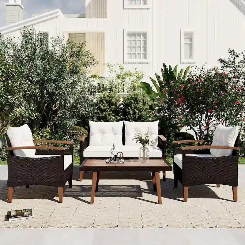 4-Piece Garden Furniture, Patio Seating Set, PE Rattan Outdoor Sofa Set, Wood Table and Legs, Water-Resistant