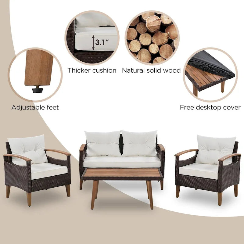 Ensemble de mobilier de jardin 4 pièces, salon de patio, ensemble de canapé d'extérieur en rotin PE, table et pieds en bois, résistant à l'eau