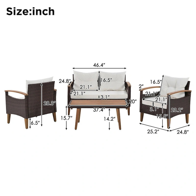 Ensemble de mobilier de jardin 4 pièces, salon de patio, ensemble de canapé d'extérieur en rotin PE, table et pieds en bois, résistant à l'eau
