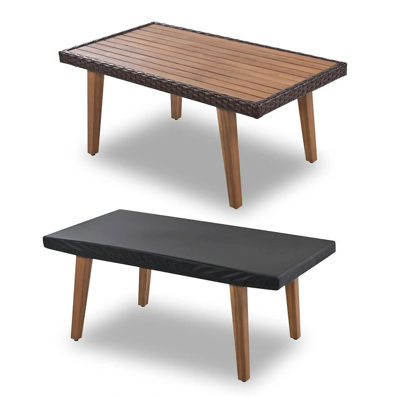 Ensemble de mobilier de jardin 4 pièces, salon de patio, ensemble de canapé d'extérieur en rotin PE, table et pieds en bois, résistant à l'eau