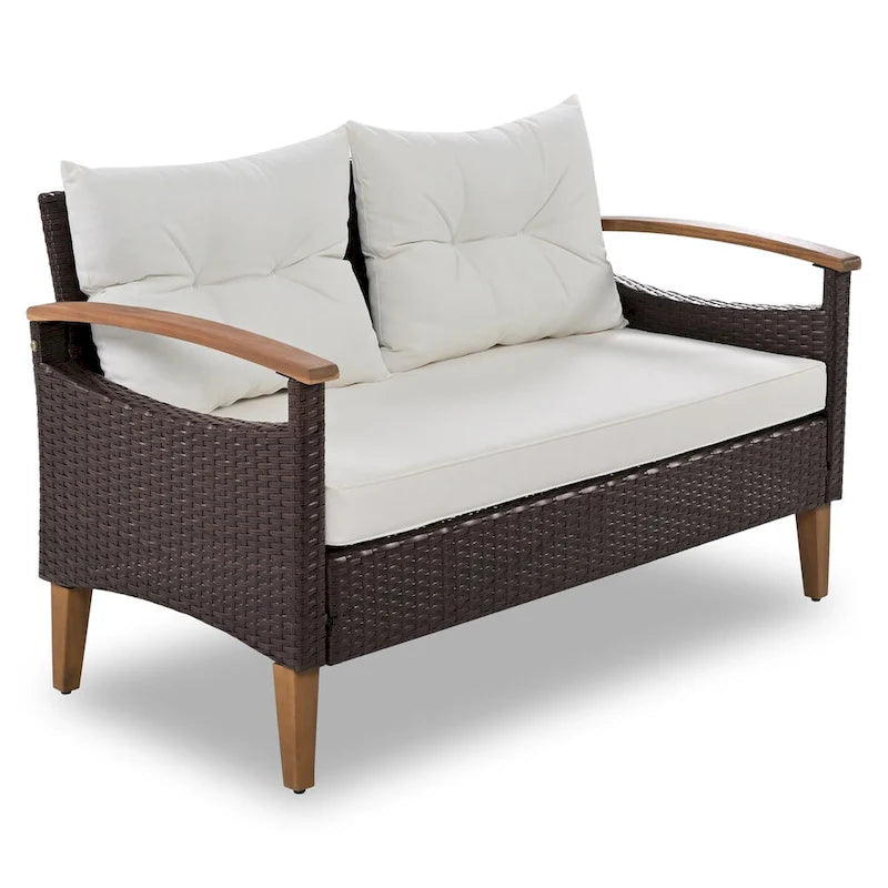 Ensemble de mobilier de jardin 4 pièces, salon de patio, ensemble de canapé d'extérieur en rotin PE, table et pieds en bois, résistant à l'eau