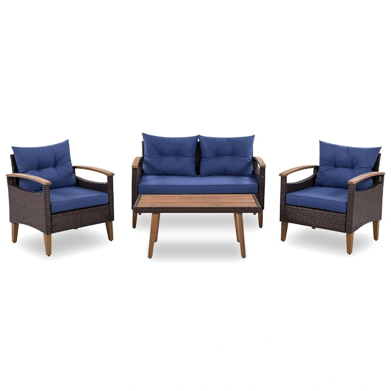 Ensemble de mobilier de jardin 4 pièces, salon de patio, ensemble de canapé d'extérieur en rotin PE, table et pieds en bois, résistant à l'eau