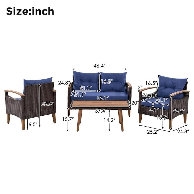 Ensemble de mobilier de jardin 4 pièces, salon de patio, ensemble de canapé d'extérieur en rotin PE, table et pieds en bois, résistant à l'eau
