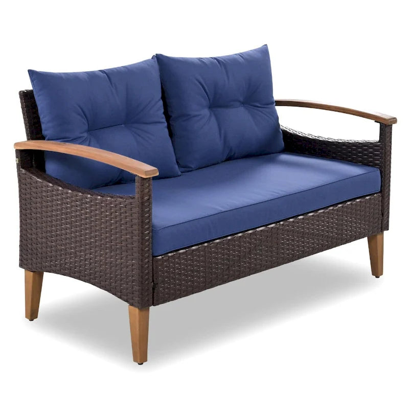 Ensemble de mobilier de jardin 4 pièces, salon de patio, ensemble de canapé d'extérieur en rotin PE, table et pieds en bois, résistant à l'eau