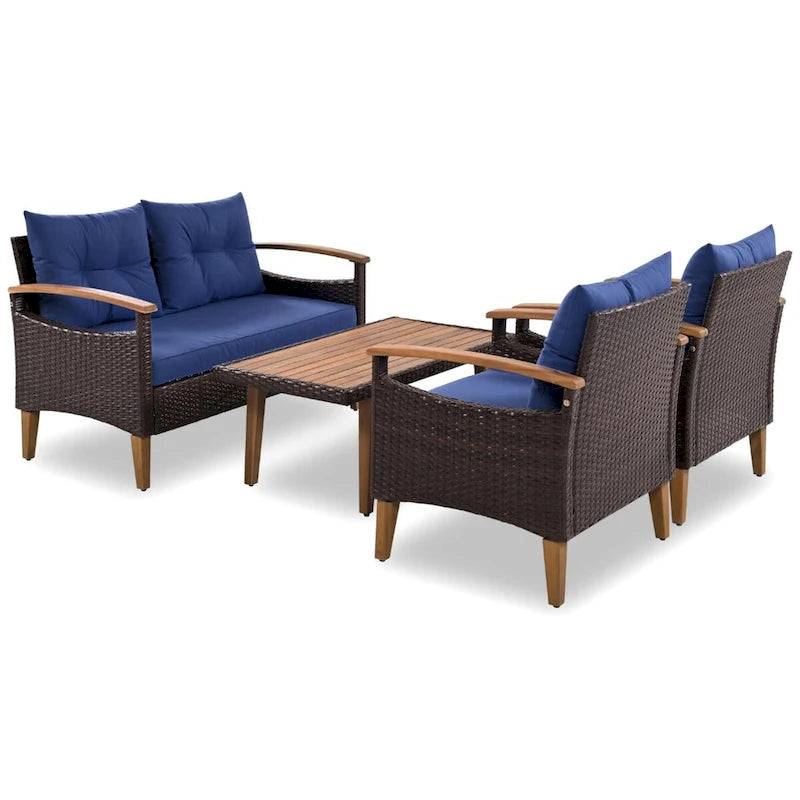 Ensemble de mobilier de jardin 4 pièces, salon de patio, ensemble de canapé d'extérieur en rotin PE, table et pieds en bois, résistant à l'eau