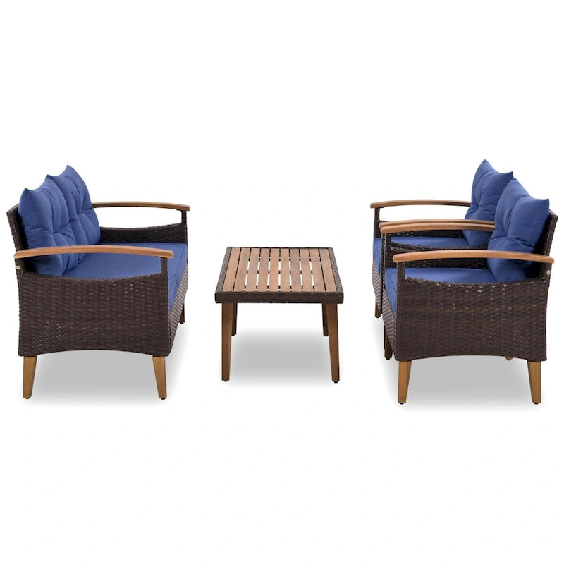 Ensemble de mobilier de jardin 4 pièces, salon de patio, ensemble de canapé d'extérieur en rotin PE, table et pieds en bois, résistant à l'eau