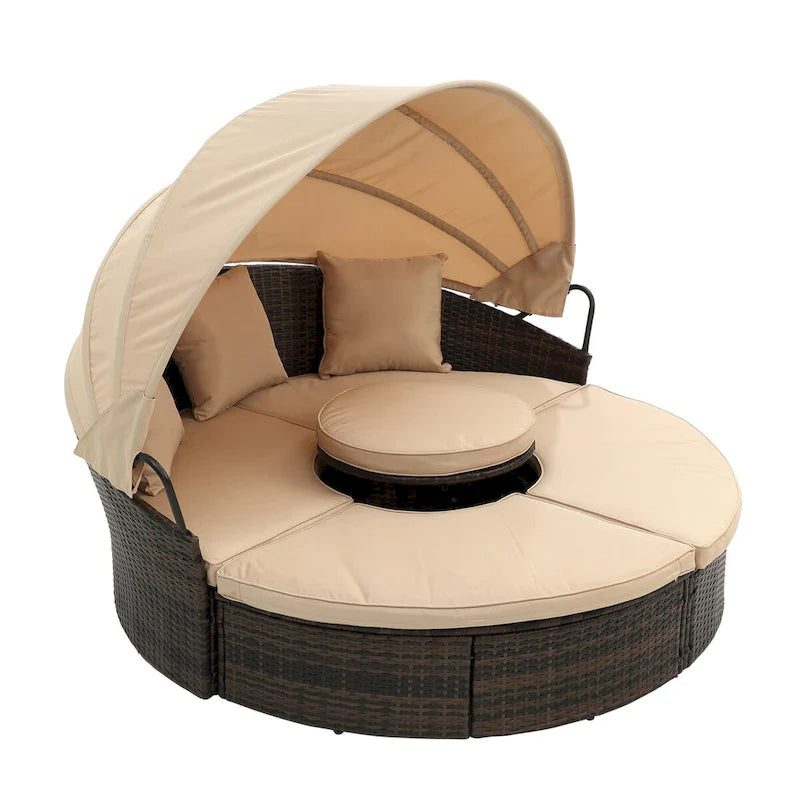 Bain de soleil d'extérieur beige avec auvent réglable et design convertible