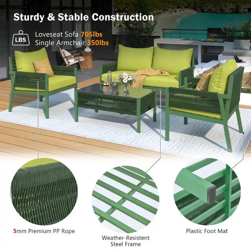 Ensemble de mobilier de jardin 4 pièces en corde, mobilier d'extérieur avec table en verre trempé pour patio, porche, balcon