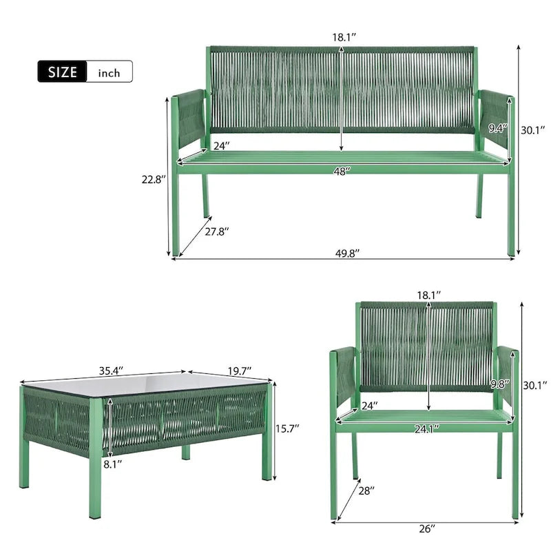 Ensemble de mobilier de jardin 4 pièces en corde, mobilier d'extérieur avec table en verre trempé pour patio, porche, balcon