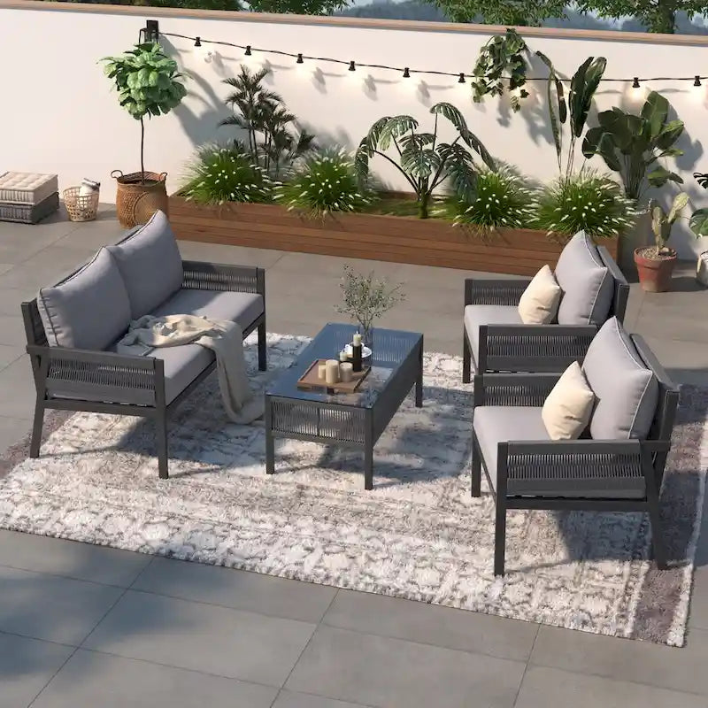 Ensemble de mobilier de jardin 4 pièces en corde, mobilier d'extérieur avec table en verre trempé pour patio, porche, balcon
