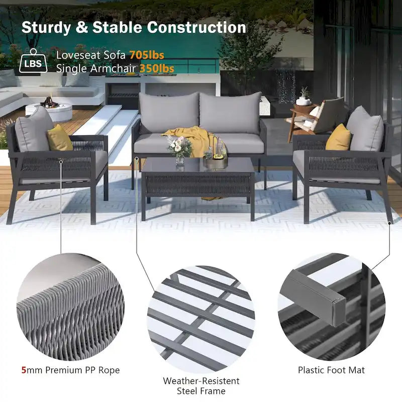Ensemble de mobilier de jardin 4 pièces en corde, mobilier d'extérieur avec table en verre trempé pour patio, porche, balcon