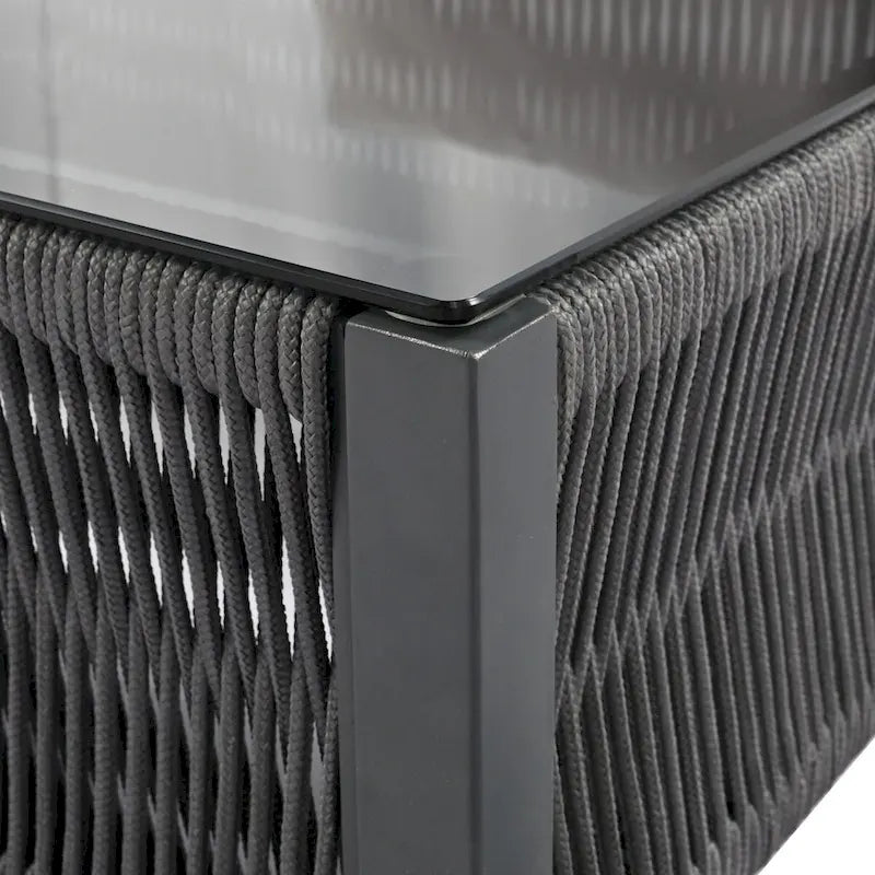 Ensemble de mobilier de jardin 4 pièces en corde, mobilier d'extérieur avec table en verre trempé pour patio, porche, balcon