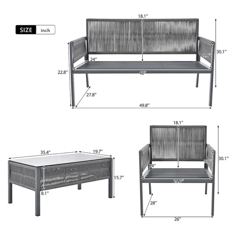 Ensemble de mobilier de jardin 4 pièces en corde, mobilier d'extérieur avec table en verre trempé pour patio, porche, balcon