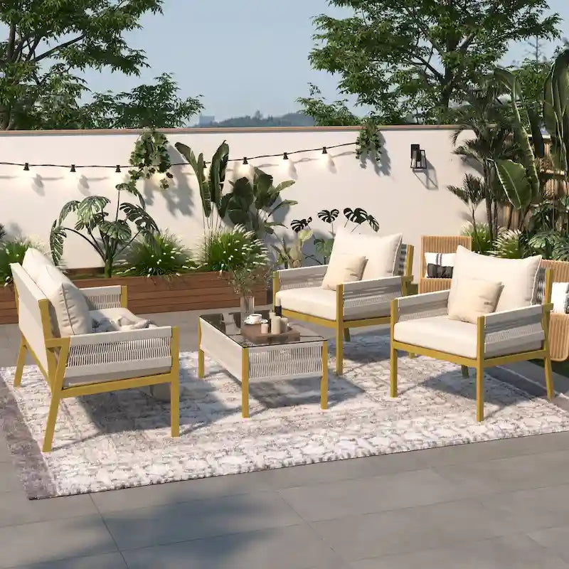 Ensemble de mobilier de jardin 4 pièces en corde, mobilier d'extérieur avec table en verre trempé pour patio, porche, balcon