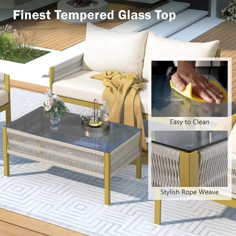 Ensemble de mobilier de jardin 4 pièces en corde, mobilier d'extérieur avec table en verre trempé pour patio, porche, balcon
