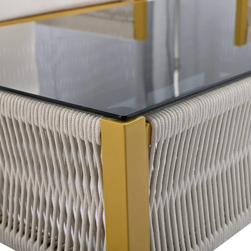 Ensemble de mobilier de jardin 4 pièces en corde, mobilier d'extérieur avec table en verre trempé pour patio, porche, balcon