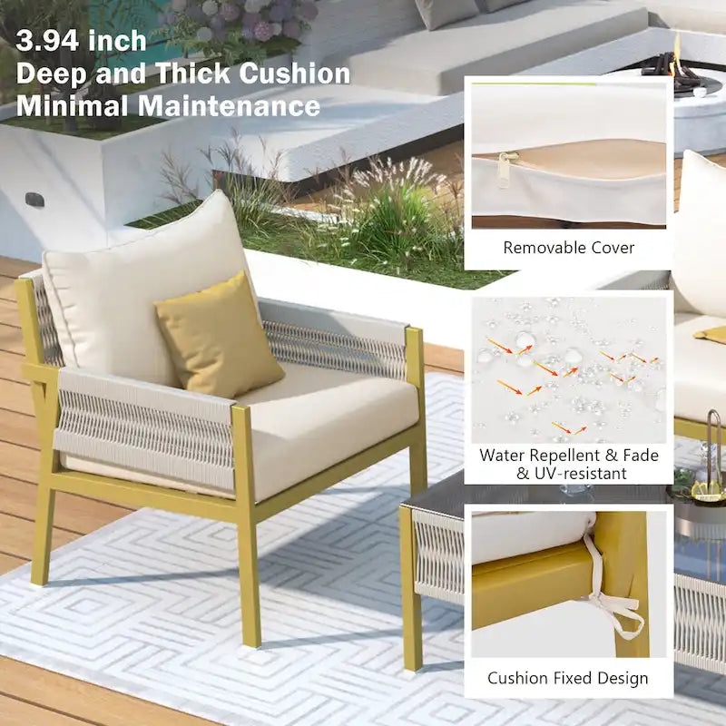 Ensemble de mobilier de jardin 4 pièces en corde, mobilier d'extérieur avec table en verre trempé pour patio, porche, balcon