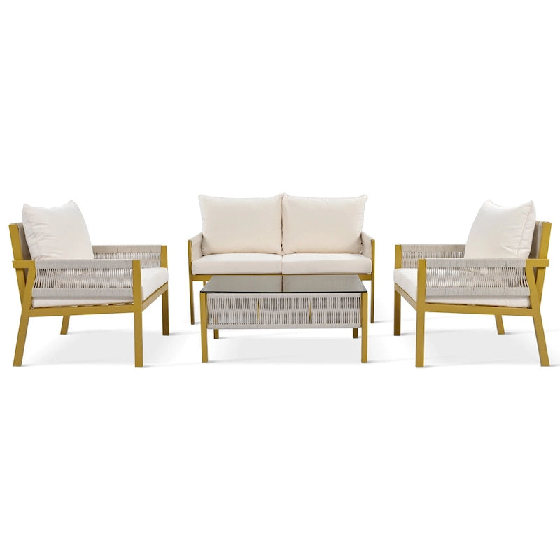 Ensemble de mobilier de jardin 4 pièces en corde, mobilier d'extérieur avec table en verre trempé pour patio, porche, balcon
