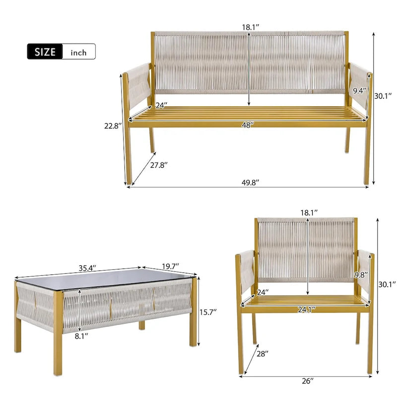 Ensemble de mobilier de jardin 4 pièces en corde, mobilier d'extérieur avec table en verre trempé pour patio, porche, balcon