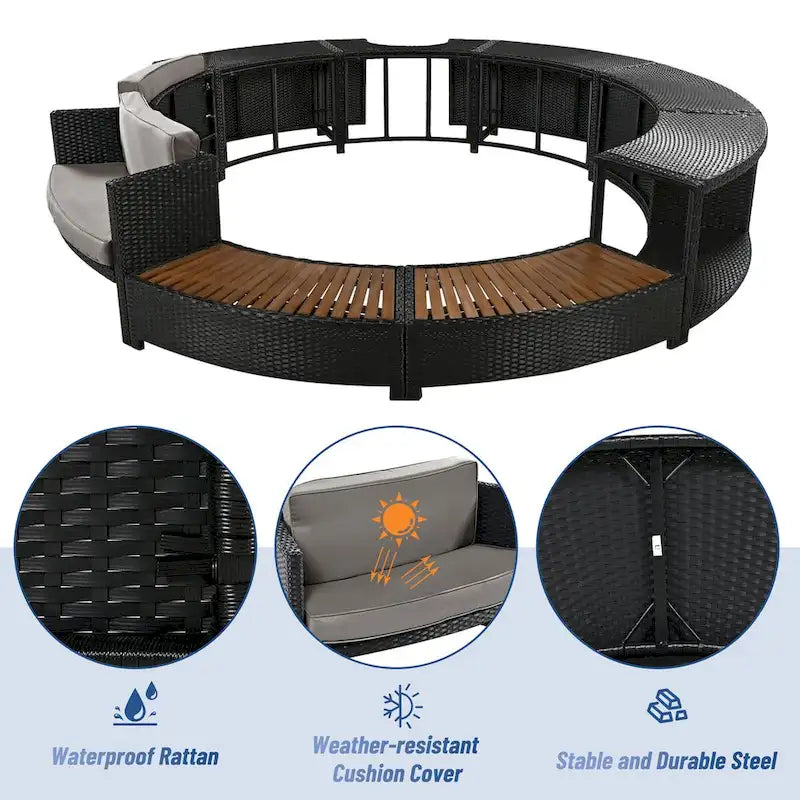 Cadre de spa en rotin avec espaces de rangement, mini canapé et coussin confortable pour patio, arrière-cour, gris