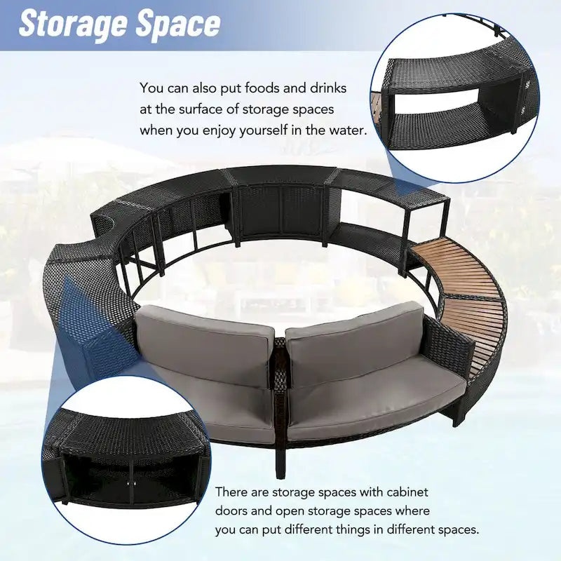 Cadre de spa en rotin avec espaces de rangement, mini canapé et coussin confortable pour patio, arrière-cour, gris