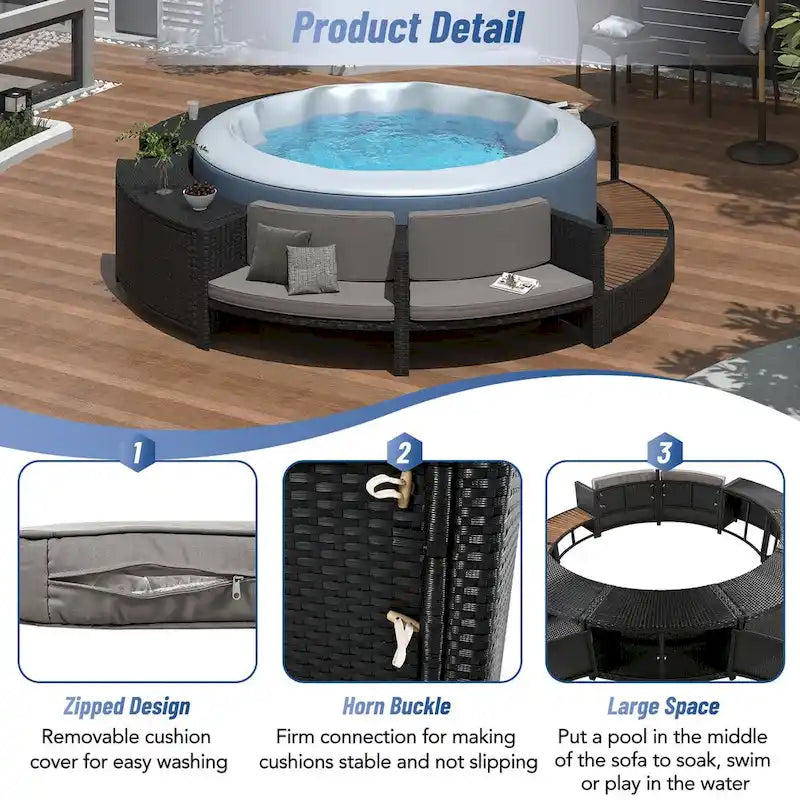 Cadre de spa en rotin avec espaces de rangement, mini canapé et coussin confortable pour patio, arrière-cour, gris