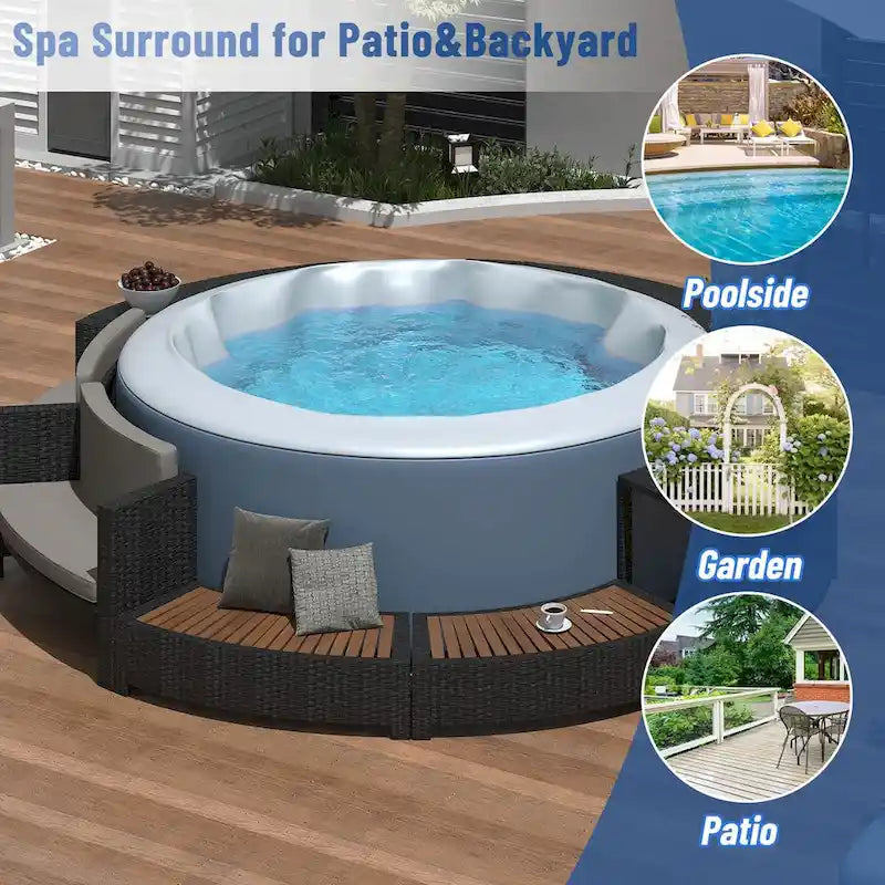 Cadre de spa en rotin avec espaces de rangement, mini canapé et coussin confortable pour patio, arrière-cour, gris