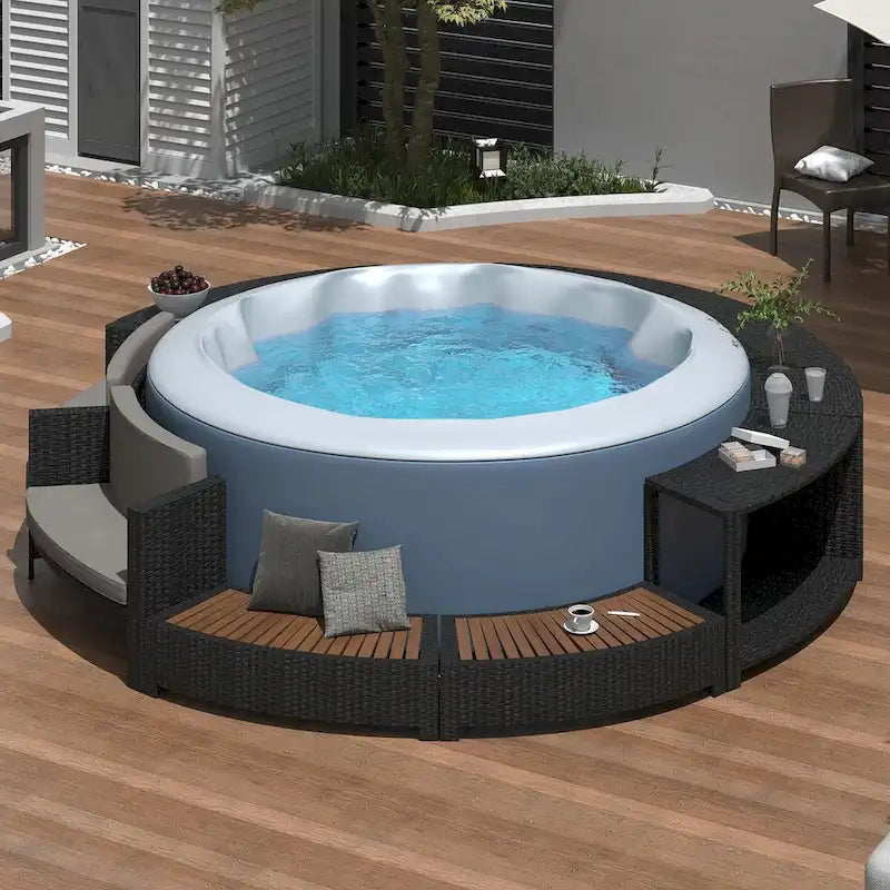 Cadre de spa en rotin avec espaces de rangement, mini canapé et coussin confortable pour patio, arrière-cour, gris