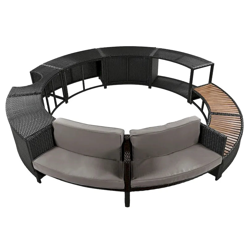 Cadre de spa en rotin avec espaces de rangement, mini canapé et coussin confortable pour patio, arrière-cour, gris
