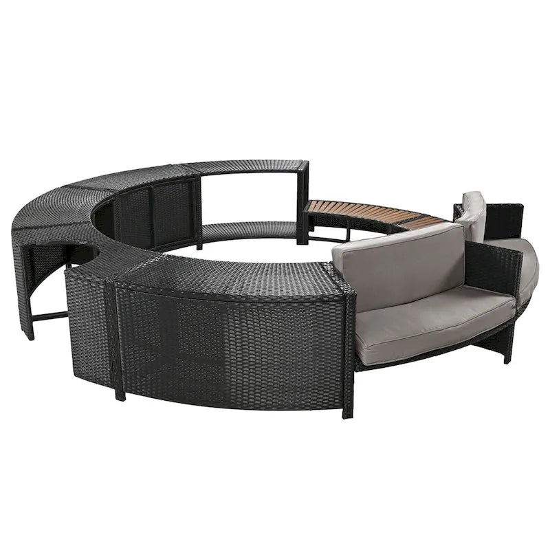 Cadre de spa en rotin avec espaces de rangement, mini canapé et coussin confortable pour patio, arrière-cour, gris