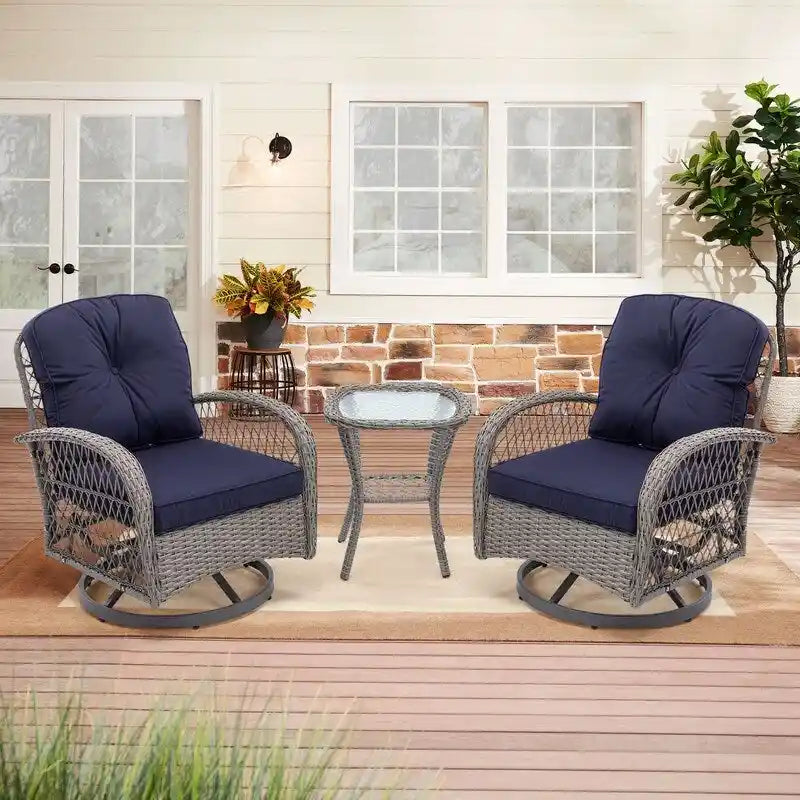 Ensemble de conversation d'extérieur 3 pièces avec fauteuils pivotants et coussins