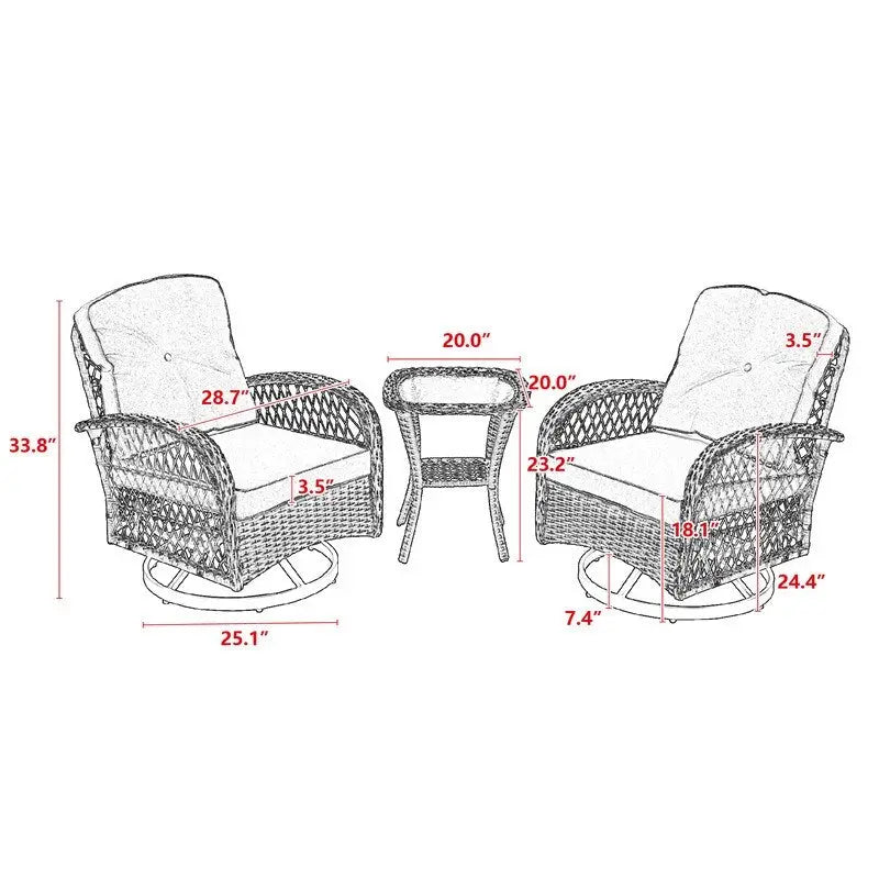 Ensemble de conversation d'extérieur 3 pièces avec fauteuils pivotants et coussins