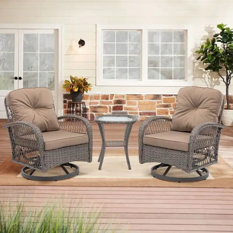 Ensemble de conversation d'extérieur 3 pièces avec fauteuils pivotants et coussins