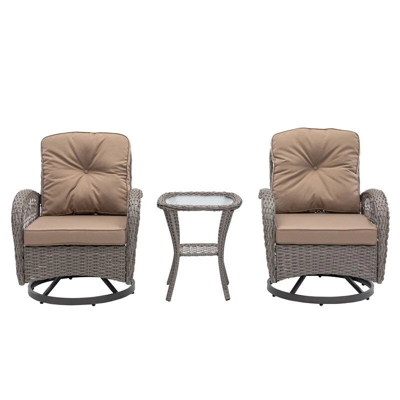 Ensemble de conversation d'extérieur 3 pièces avec fauteuils pivotants et coussins