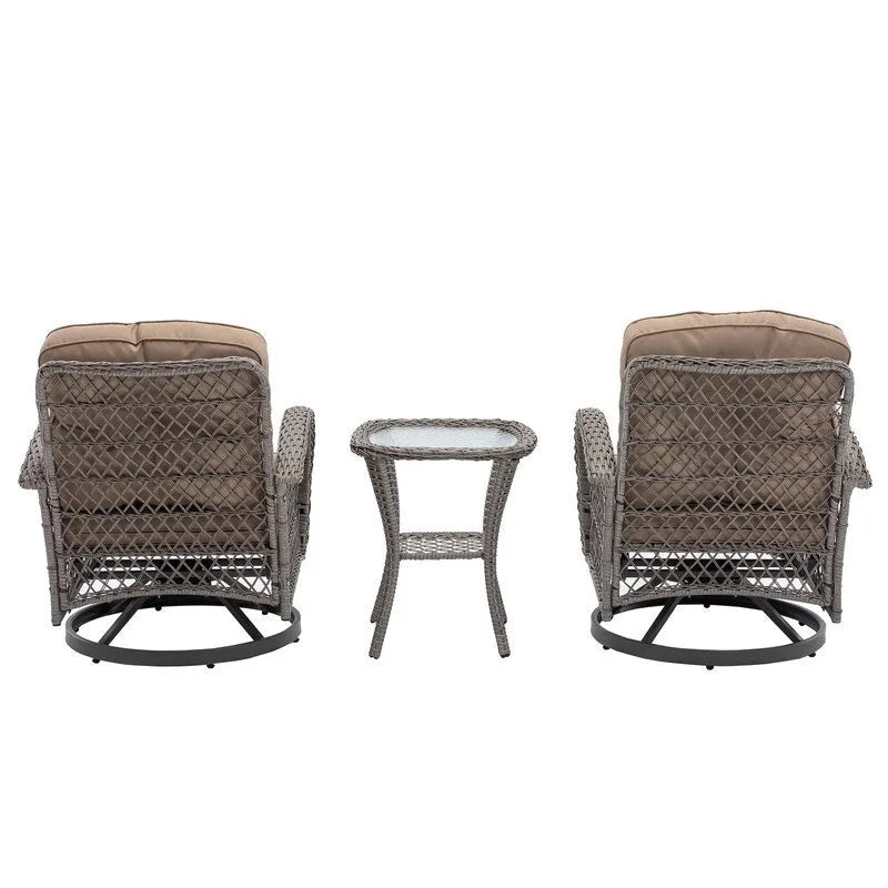 Ensemble de conversation d'extérieur 3 pièces avec fauteuils pivotants et coussins