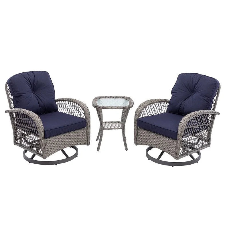Ensemble de conversation d'extérieur 3 pièces avec fauteuils pivotants et coussins