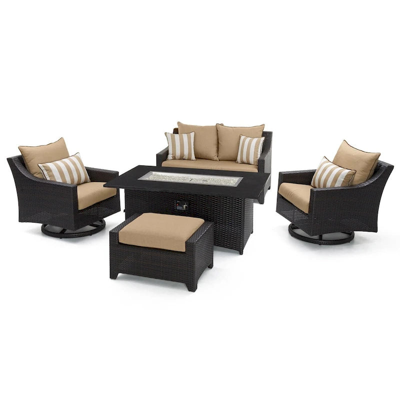 Ensemble de feu Deco 5 pièces Sunbrella pour patio, avec causeuse et fauteuil de club à mouvement