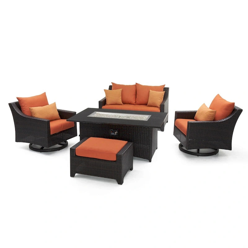 Ensemble de feu Deco 5 pièces Sunbrella pour patio, avec causeuse et fauteuil de club à mouvement