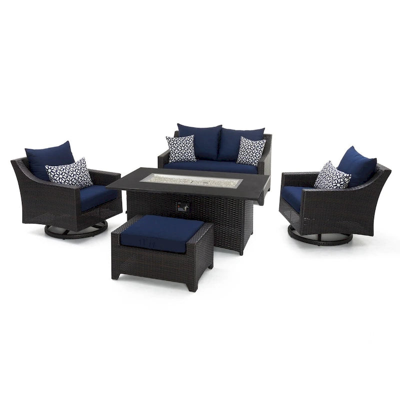 Ensemble de feu Deco 5 pièces Sunbrella pour patio, avec causeuse et fauteuil de club à mouvement