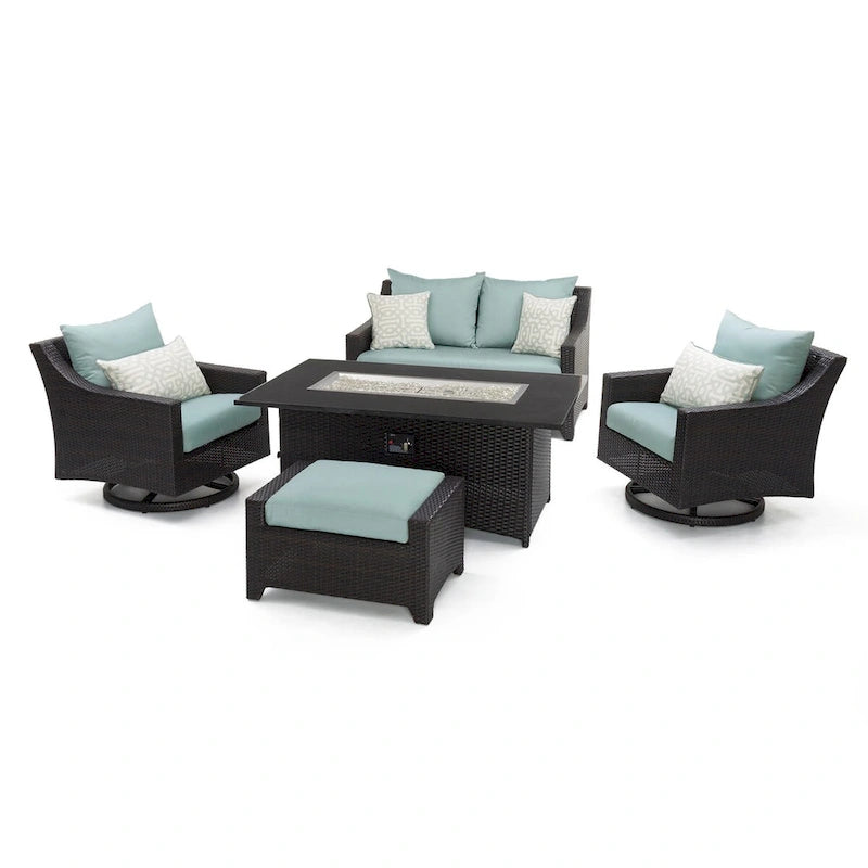Ensemble de feu Deco 5 pièces Sunbrella pour patio, avec causeuse et fauteuil de club à mouvement