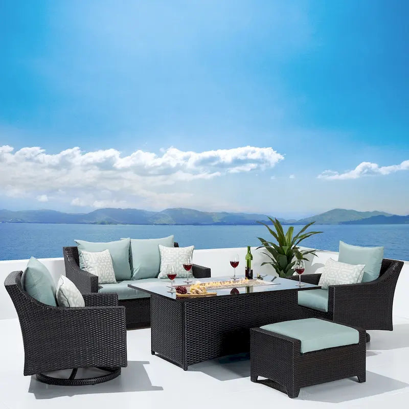 Ensemble de feu Deco 5 pièces Sunbrella pour patio, avec causeuse et fauteuil de club à mouvement