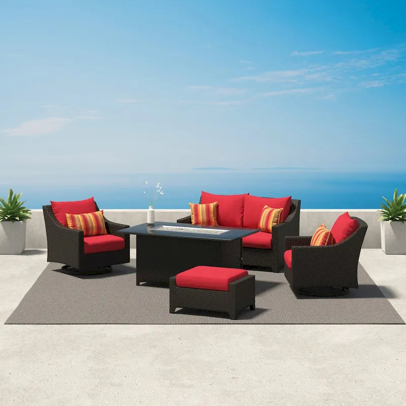 Ensemble de feu Deco 5 pièces Sunbrella pour patio, avec causeuse et fauteuil de club à mouvement