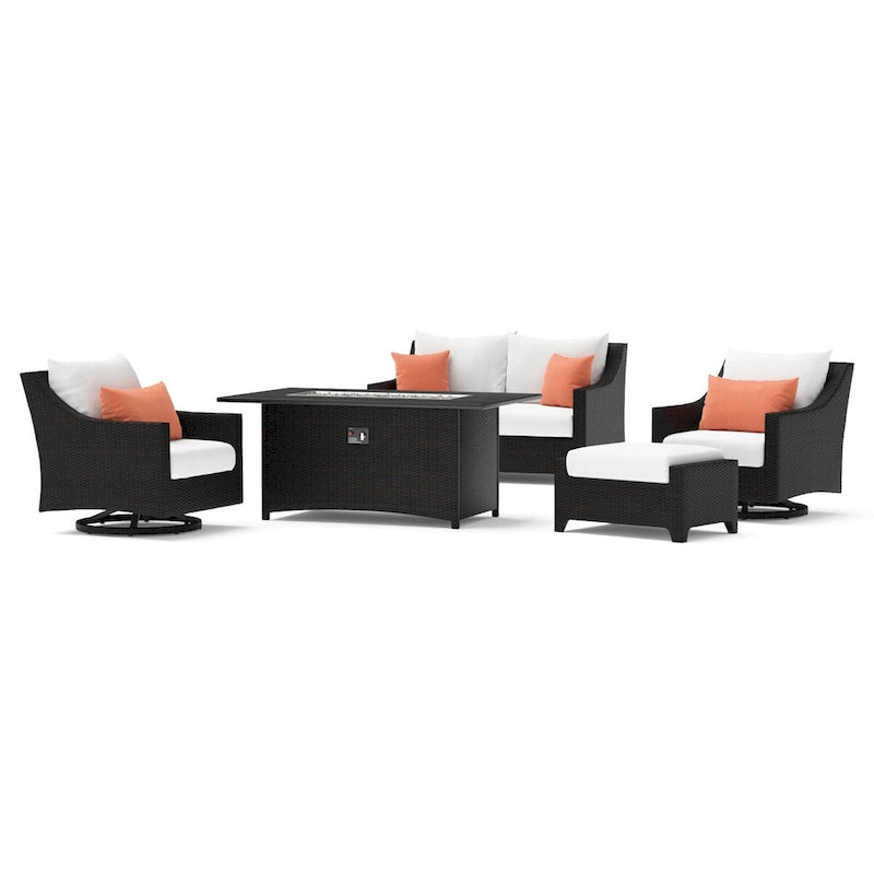 Ensemble de feu Deco 5 pièces Sunbrella pour patio, avec causeuse et fauteuil de club à mouvement